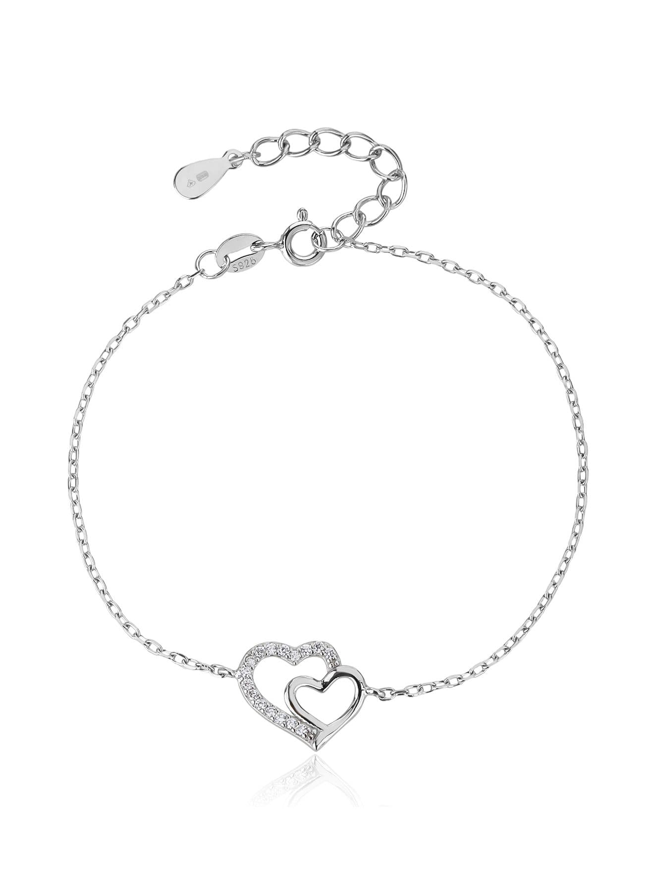 Inimă dublă pandantiv brățară cu pietre de zirconiu, argint AG 925 cu acoperire de rodiu (15 + 3.5 cm) 1
