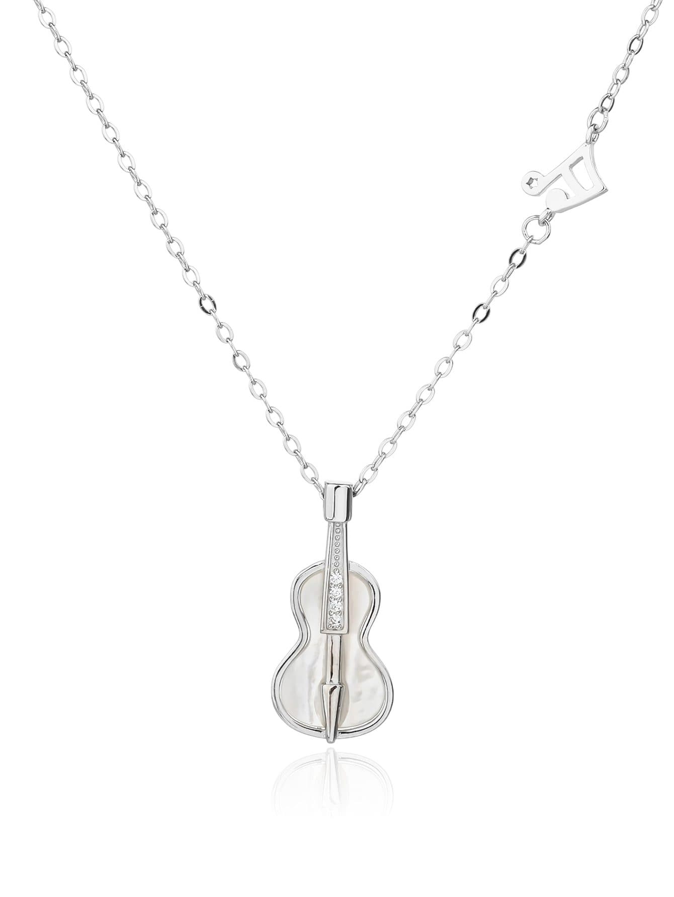 Colier cu în formă de vioară pandantiv cu sidef incrustație și notă muzicală design împodobit cu alb pietre de zirconiu cubic, din argint AG 925 cu acoperire de rodiu (44+4 cm) 1