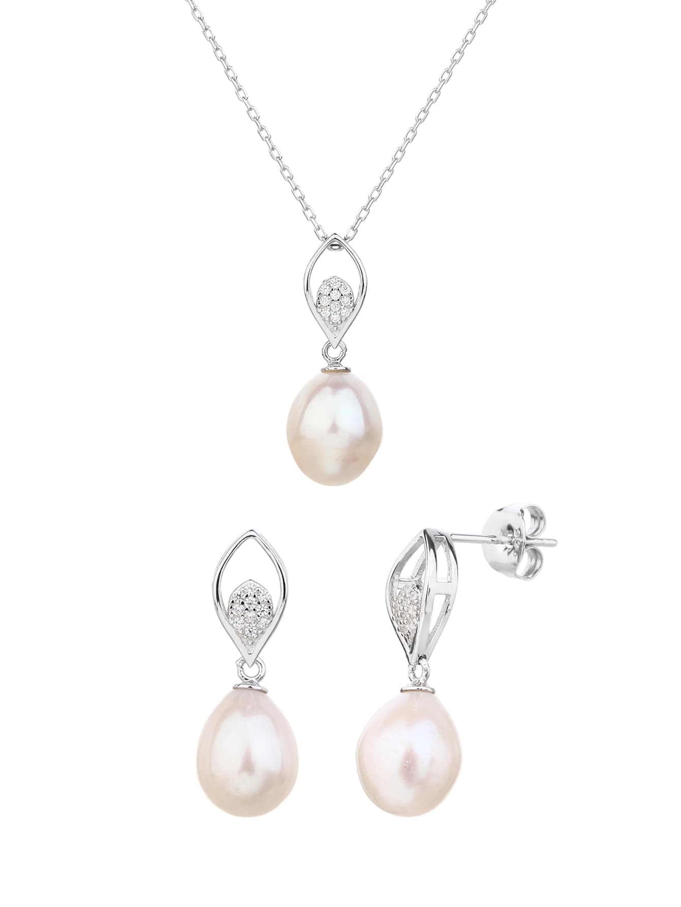 Alb set de bijuterii cu perlă de cultură de apă dulce cu zirconiu cubic, din argint AG 925 cu acoperire de rodiu 1