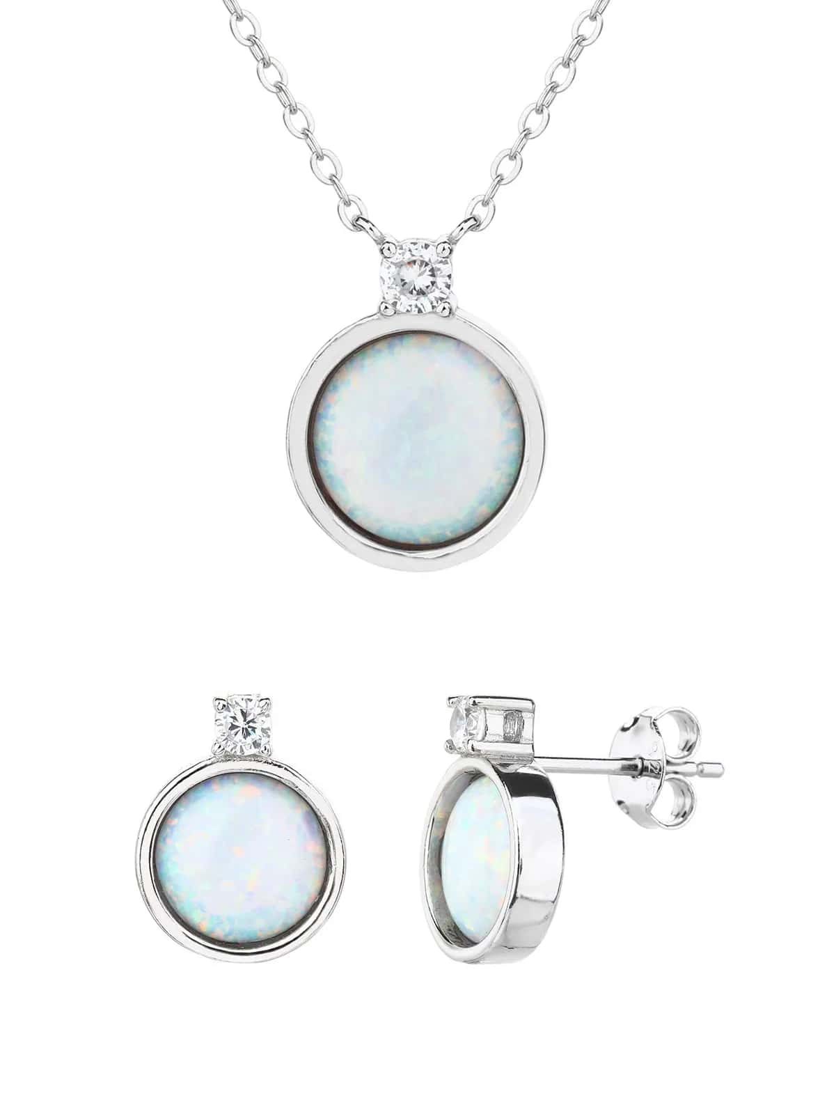 Hellblaues Opal-Schmuckset mit Kette und Ohrsteckern, AG 925 rhodiniertes Silber
