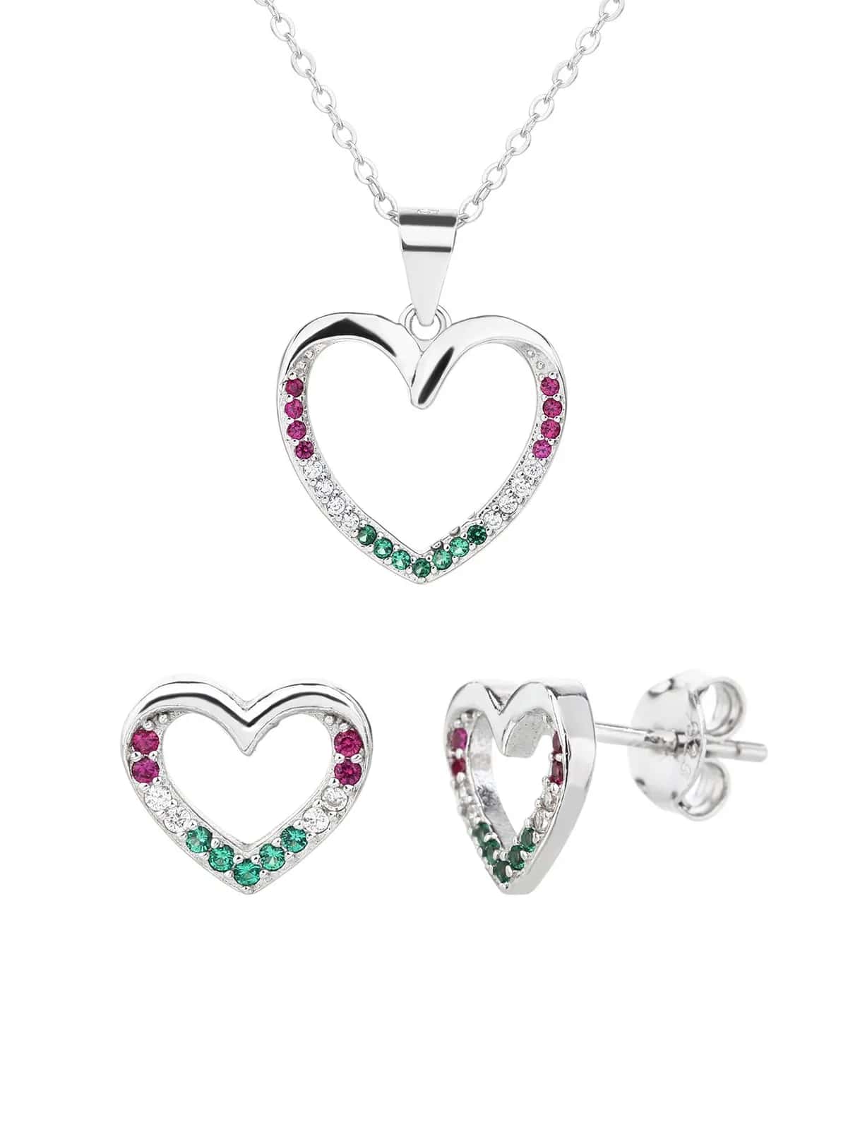 National Light – softly curved tricolor heart pendant and earring set