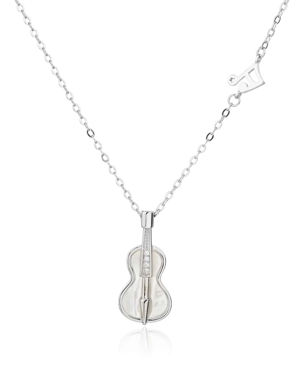 Necklace featuring a violin-shaped pendant with a mother-of-pearl inlay and a musical note design adorned with white cubic zirconia stones, crafted from AG 925 rhodium-plated silver (44+4 cm)