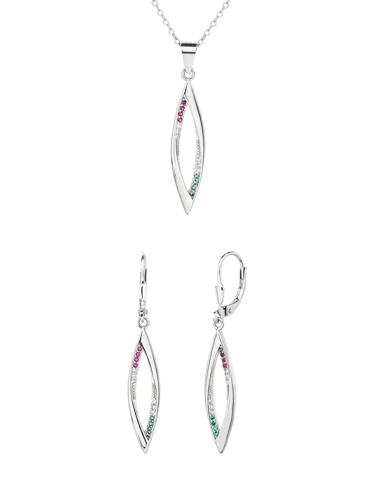 National Light – Tricolor navette-shaped pendant and earring set, 925 sterling silver, rhodium-plated